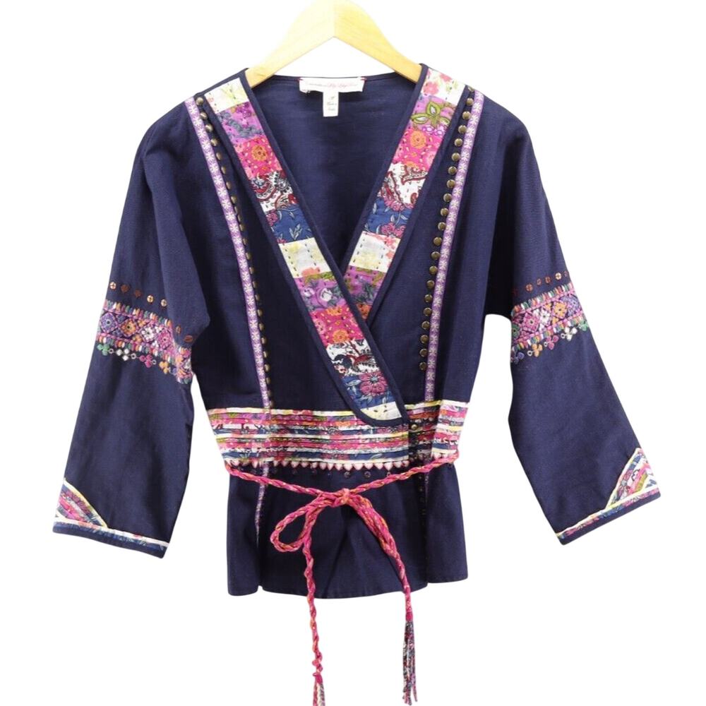 Anthropologie Carnation M Lily Lily Rose Wrap Patchwork Bohemian Jacket Navy